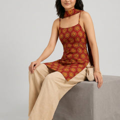 Istyle Can Women Printed Cotton Tunic, Wide-Leg Trousers & Dupatta 3-Piece Co-Ord Set - Maroon/Beige