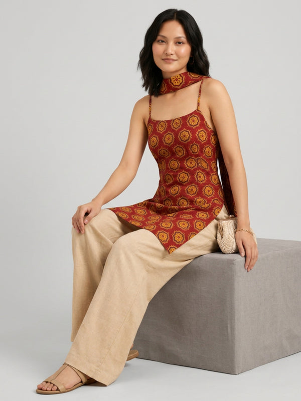 Istyle Can Women Printed Cotton Tunic, Wide-Leg Trousers & Dupatta 3-Piece Co-Ord Set - Maroon/Beige