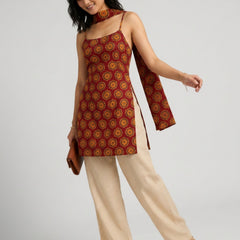Istyle Can Women Printed Cotton Tunic, Wide-Leg Trousers & Dupatta 3-Piece Co-Ord Set - Maroon/Beige