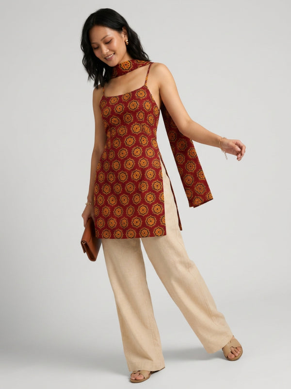 Istyle Can Women Printed Cotton Tunic, Wide-Leg Trousers & Dupatta 3-Piece Co-Ord Set - Maroon/Beige