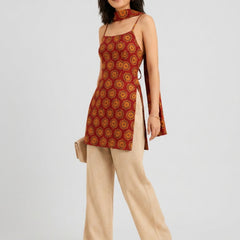 Istyle Can Women Printed Cotton Tunic, Wide-Leg Trousers & Dupatta 3-Piece Co-Ord Set - Maroon/Beige