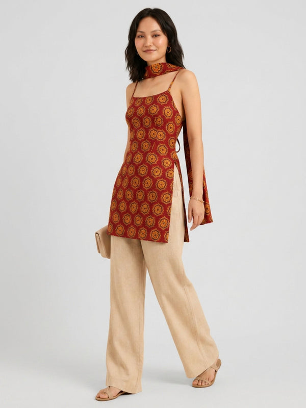 Istyle Can Women Printed Cotton Tunic, Wide-Leg Trousers & Dupatta 3-Piece Co-Ord Set - Maroon/Beige