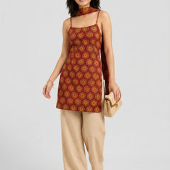 Istyle Can Women Printed Cotton Tunic, Wide-Leg Trousers & Dupatta 3-Piece Co-Ord Set - Maroon/Beige