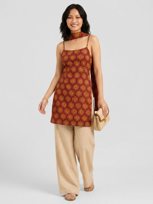 Istyle Can Women Printed Cotton Tunic, Wide-Leg Trousers & Dupatta 3-Piece Co-Ord Set - Maroon/Beige
