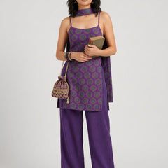 Istyle Can Women Printed Cotton Tunic, Wide-Leg Trousers & Dupatta 3-Piece Co-Ord Set - Purple/Purple
