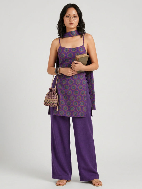 Istyle Can Women Printed Cotton Tunic, Wide-Leg Trousers & Dupatta 3-Piece Co-Ord Set - Purple/Purple