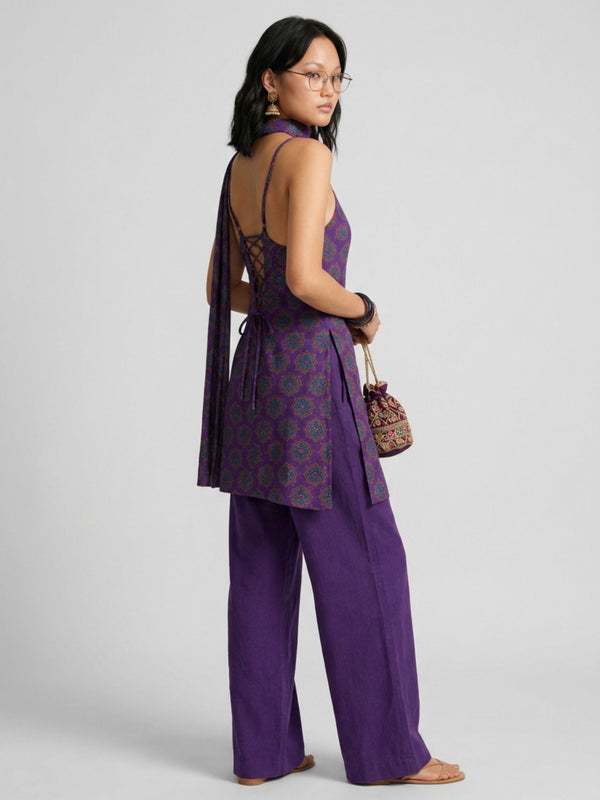 Istyle Can Women Printed Cotton Tunic, Wide-Leg Trousers & Dupatta 3-Piece Co-Ord Set - Purple/Purple