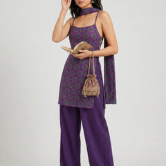Istyle Can Women Printed Cotton Tunic, Wide-Leg Trousers & Dupatta 3-Piece Co-Ord Set - Purple/Purple