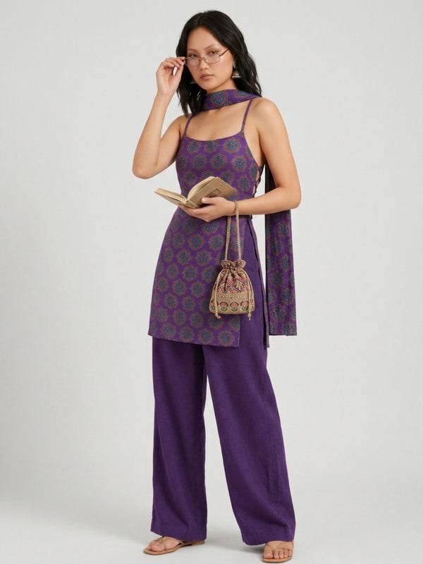 Istyle Can Women Printed Cotton Tunic, Wide-Leg Trousers & Dupatta 3-Piece Co-Ord Set - Purple/Purple
