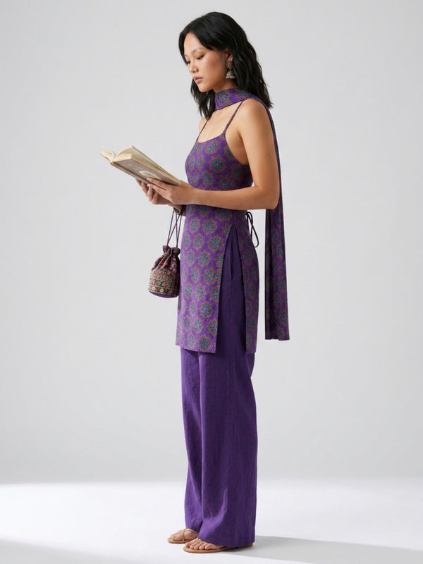 Istyle Can Women Printed Cotton Tunic, Wide-Leg Trousers & Dupatta 3-Piece Co-Ord Set - Purple/Purple