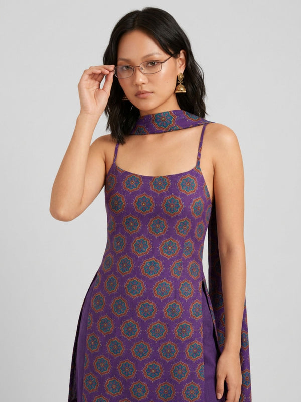 Istyle Can Women Printed Cotton Tunic, Wide-Leg Trousers & Dupatta 3-Piece Co-Ord Set - Purple/Purple