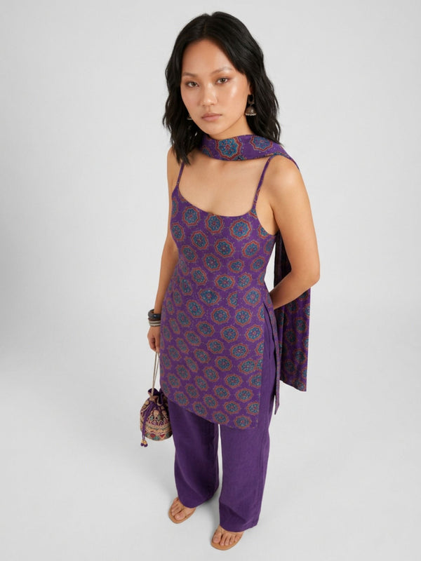 Istyle Can Women Printed Cotton Tunic, Wide-Leg Trousers & Dupatta 3-Piece Co-Ord Set - Purple/Purple