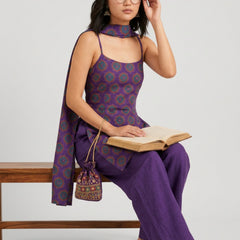 Istyle Can Women Printed Cotton Tunic, Wide-Leg Trousers & Dupatta 3-Piece Co-Ord Set - Purple/Purple