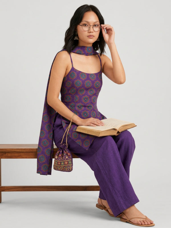 Istyle Can Women Printed Cotton Tunic, Wide-Leg Trousers & Dupatta 3-Piece Co-Ord Set - Purple/Purple