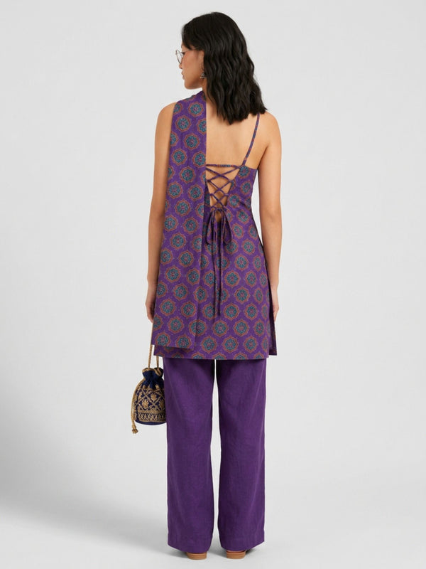 Istyle Can Women Printed Cotton Tunic, Wide-Leg Trousers & Dupatta 3-Piece Co-Ord Set - Purple/Purple
