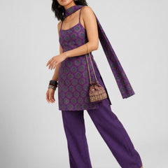 Istyle Can Women Printed Cotton Tunic, Wide-Leg Trousers & Dupatta 3-Piece Co-Ord Set - Purple/Purple
