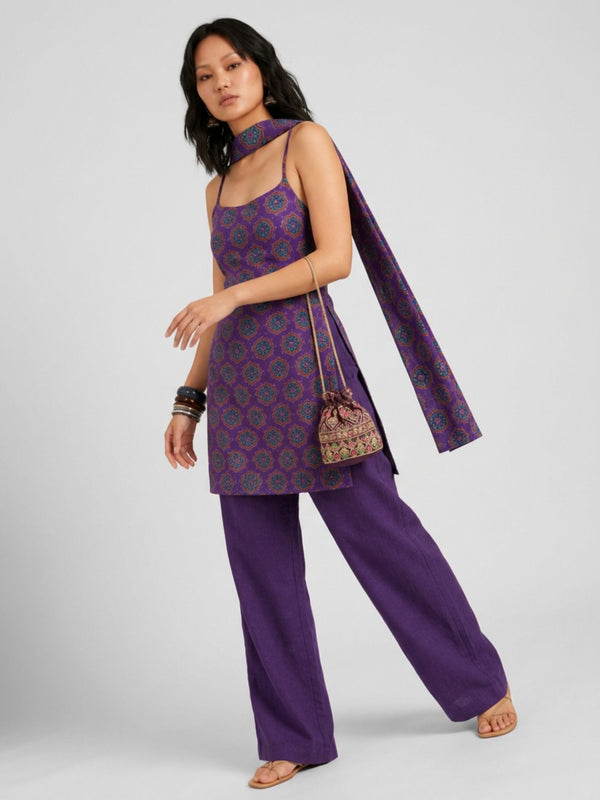 Istyle Can Women Printed Cotton Tunic, Wide-Leg Trousers & Dupatta 3-Piece Co-Ord Set - Purple/Purple