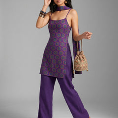 Istyle Can Women Printed Cotton Tunic, Wide-Leg Trousers & Dupatta 3-Piece Co-Ord Set - Purple/Purple