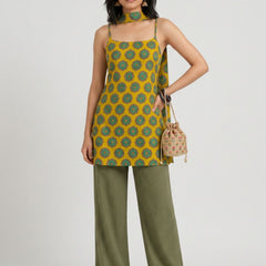 Istyle Can Women Printed Cotton Tunic, Wide-Leg Trousers & Dupatta 3-Piece Co-Ord Set - Yellow/Olive
