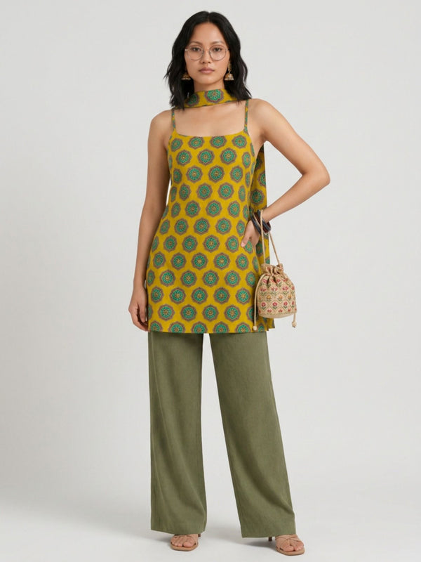 Istyle Can Women Printed Cotton Tunic, Wide-Leg Trousers & Dupatta 3-Piece Co-Ord Set - Yellow/Olive