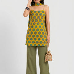 Istyle Can Women Printed Cotton Tunic, Wide-Leg Trousers & Dupatta 3-Piece Co-Ord Set - Yellow/Olive