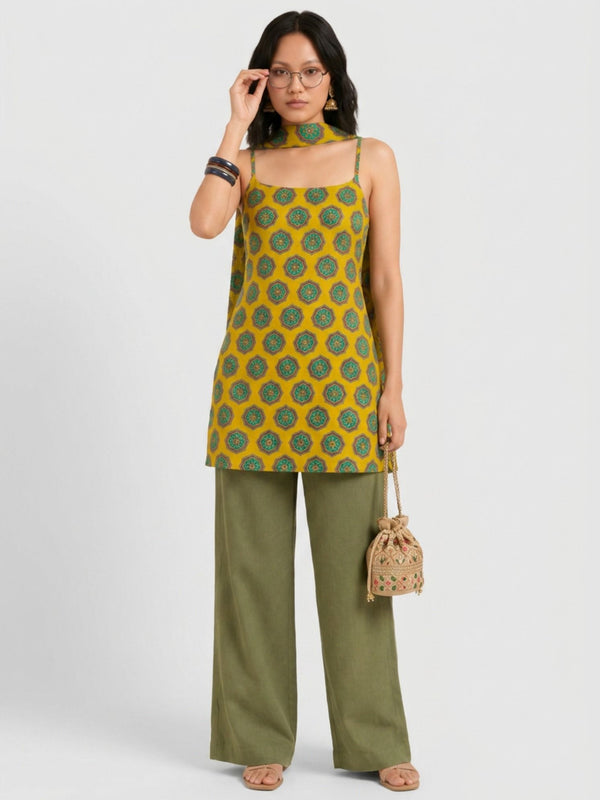 Istyle Can Women Printed Cotton Tunic, Wide-Leg Trousers & Dupatta 3-Piece Co-Ord Set - Yellow/Olive