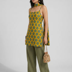 Istyle Can Women Printed Cotton Tunic, Wide-Leg Trousers & Dupatta 3-Piece Co-Ord Set - Yellow/Olive