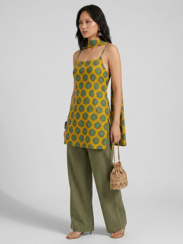 Istyle Can Women Printed Cotton Tunic, Wide-Leg Trousers & Dupatta 3-Piece Co-Ord Set - Yellow/Olive