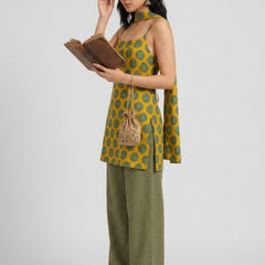 Istyle Can Women Printed Cotton Tunic, Wide-Leg Trousers & Dupatta 3-Piece Co-Ord Set - Yellow/Olive