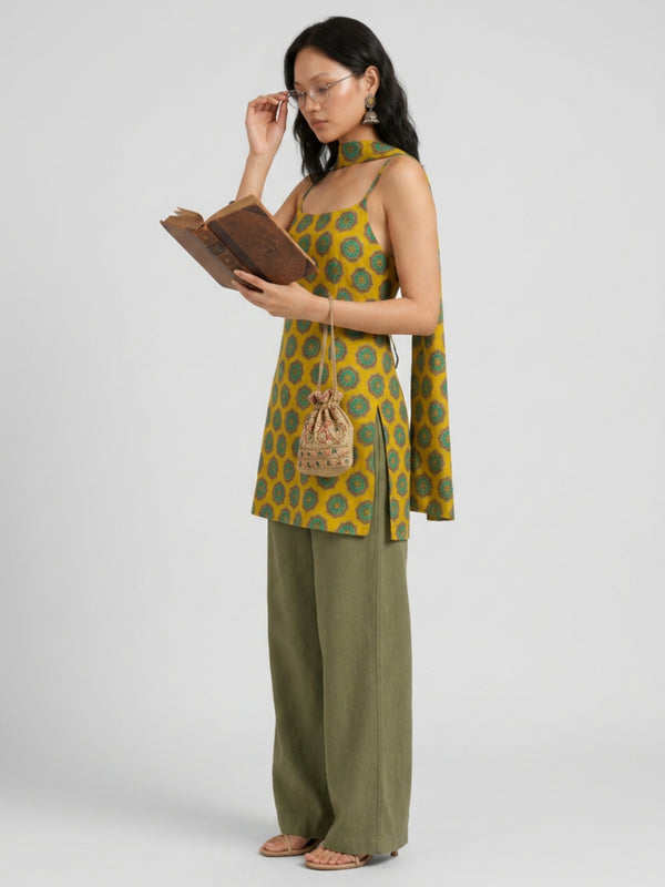 Istyle Can Women Printed Cotton Tunic, Wide-Leg Trousers & Dupatta 3-Piece Co-Ord Set - Yellow/Olive