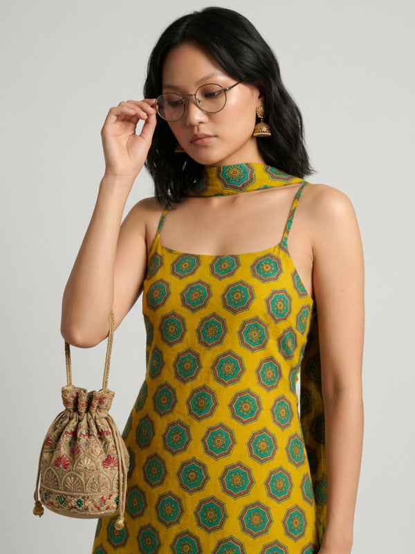 Istyle Can Women Printed Cotton Tunic, Wide-Leg Trousers & Dupatta 3-Piece Co-Ord Set - Yellow/Olive