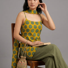 Istyle Can Women Printed Cotton Tunic, Wide-Leg Trousers & Dupatta 3-Piece Co-Ord Set - Yellow/Olive