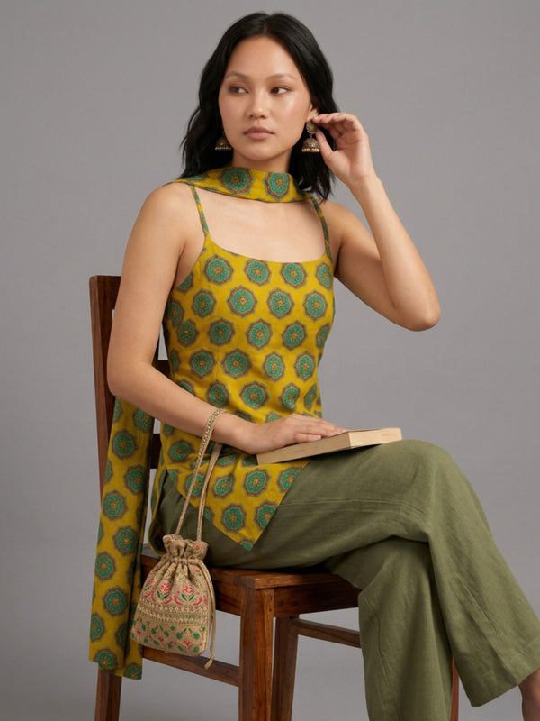 Istyle Can Women Printed Cotton Tunic, Wide-Leg Trousers & Dupatta 3-Piece Co-Ord Set - Yellow/Olive