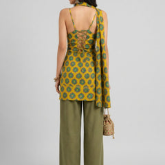 Istyle Can Women Printed Cotton Tunic, Wide-Leg Trousers & Dupatta 3-Piece Co-Ord Set - Yellow/Olive