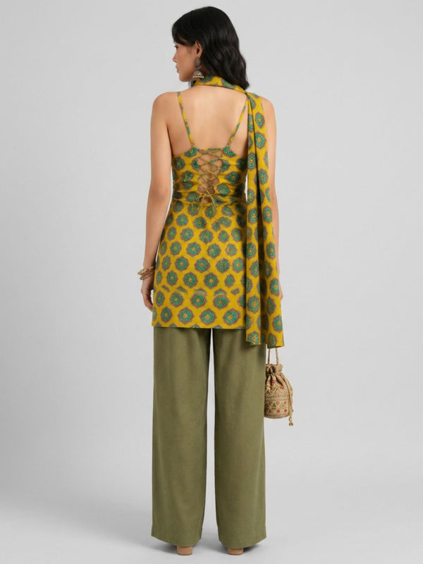 Istyle Can Women Printed Cotton Tunic, Wide-Leg Trousers & Dupatta 3-Piece Co-Ord Set - Yellow/Olive