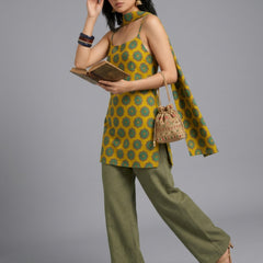 Istyle Can Women Printed Cotton Tunic, Wide-Leg Trousers & Dupatta 3-Piece Co-Ord Set - Yellow/Olive