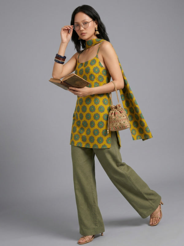 Istyle Can Women Printed Cotton Tunic, Wide-Leg Trousers & Dupatta 3-Piece Co-Ord Set - Yellow/Olive