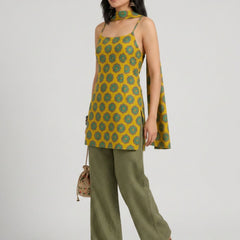 Istyle Can Women Printed Cotton Tunic, Wide-Leg Trousers & Dupatta 3-Piece Co-Ord Set - Yellow/Olive