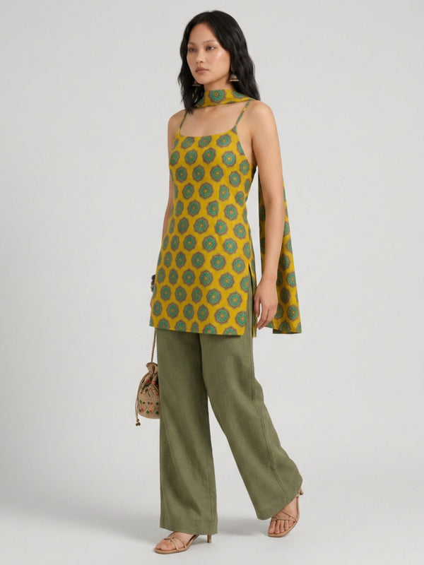 Istyle Can Women Printed Cotton Tunic, Wide-Leg Trousers & Dupatta 3-Piece Co-Ord Set - Yellow/Olive