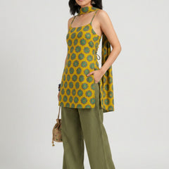 Istyle Can Women Printed Cotton Tunic, Wide-Leg Trousers & Dupatta 3-Piece Co-Ord Set - Yellow/Olive