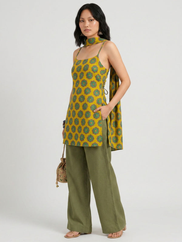 Istyle Can Women Printed Cotton Tunic, Wide-Leg Trousers & Dupatta 3-Piece Co-Ord Set - Yellow/Olive