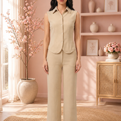 Women’s Sleeveless Shirt-Style Top & Wide-Leg Trouser Co-ord Set