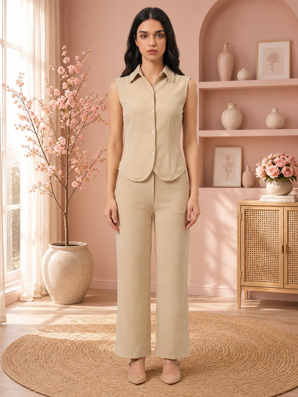 Women’s Sleeveless Shirt-Style Top & Wide-Leg Trouser Co-ord Set