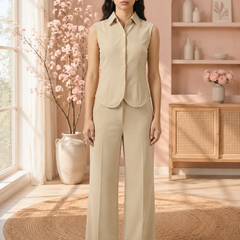 Women’s Sleeveless Shirt-Style Top & Wide-Leg Trouser Co-ord Set