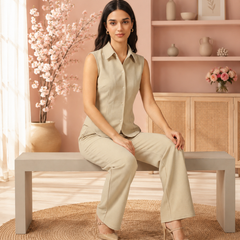 Women’s Sleeveless Shirt-Style Top & Wide-Leg Trouser Co-ord Set
