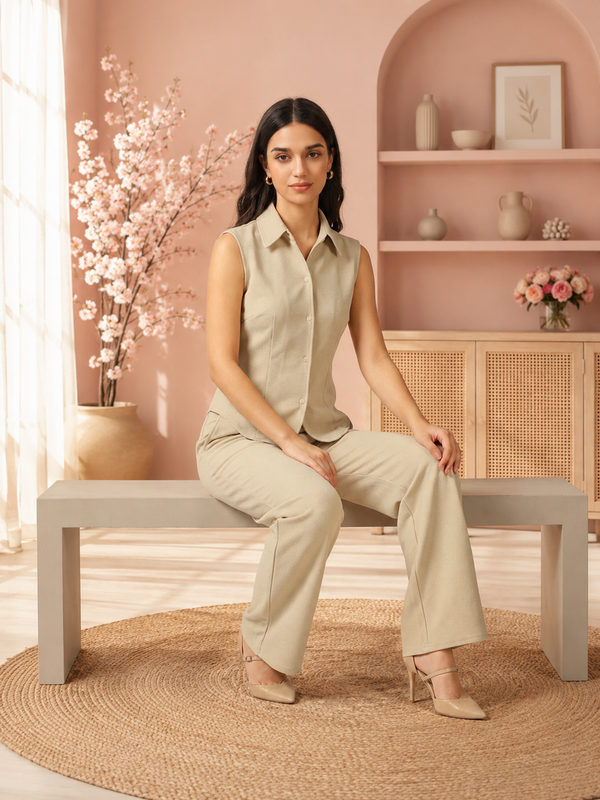 Women’s Sleeveless Shirt-Style Top & Wide-Leg Trouser Co-ord Set
