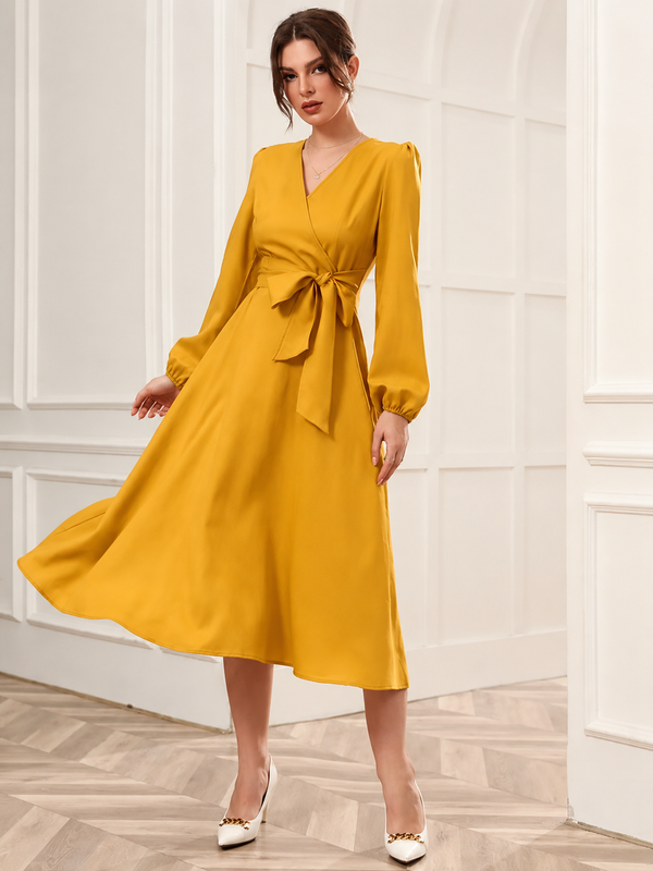 Women’s Elegant V-Neck Tie-Waist Wrap Dress