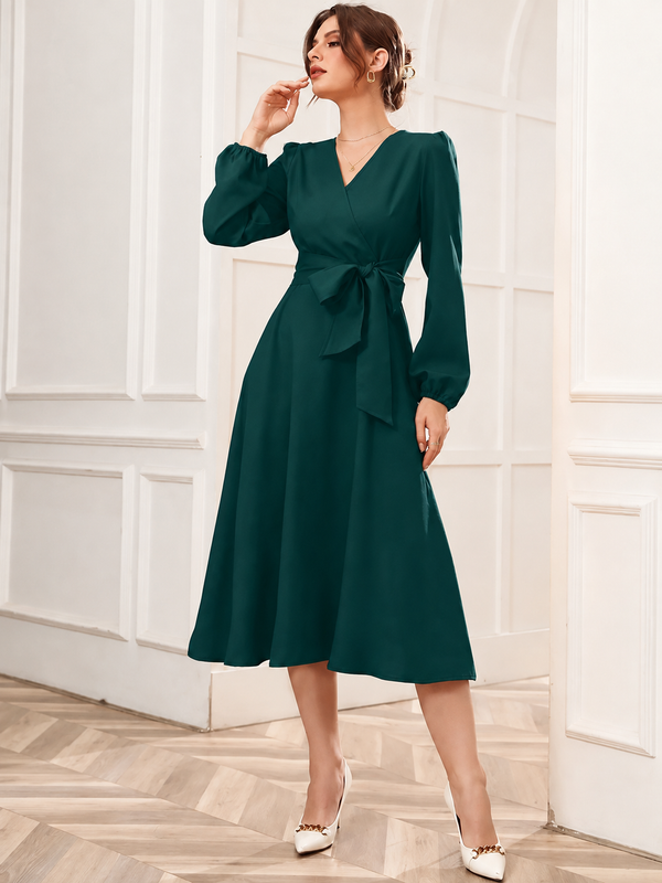 Women’s Elegant V-Neck Tie-Waist Wrap Dress