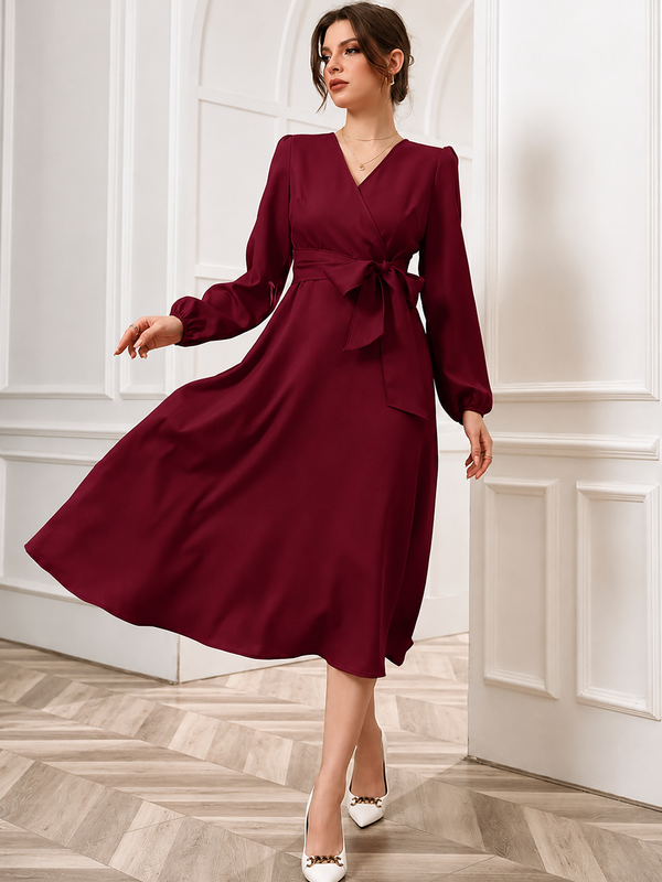 Women’s Elegant V-Neck Tie-Waist Wrap Dress