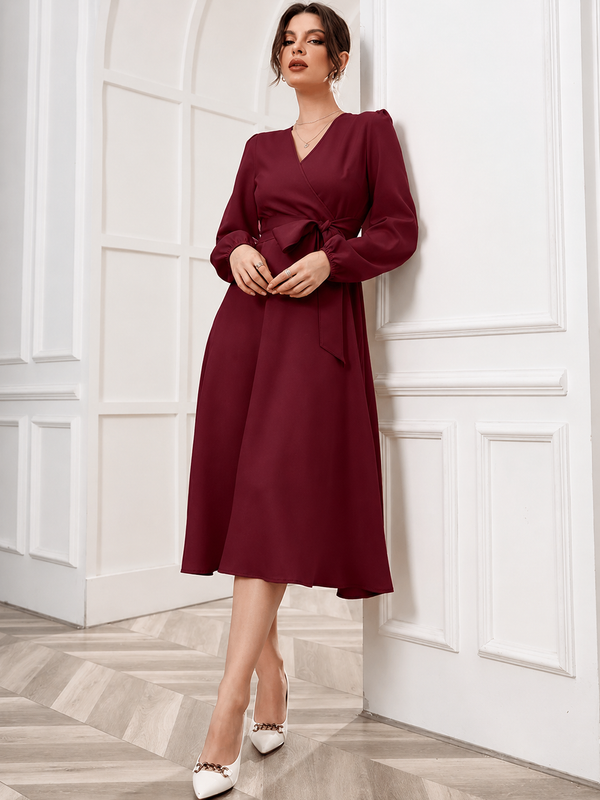 Women’s Elegant V-Neck Tie-Waist Wrap Dress